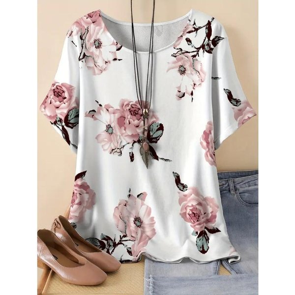 Tops De Verano Talla Grande XL-7XL Para Mujer Camiseta De Manga Corta Para Mujer Con Estampado Floral De Plantas En 3D 6XL Gray-image