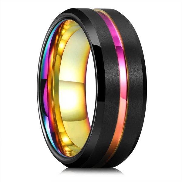 Moda 8Mm Hombres Negro Cepillado Anillos De Acero Inoxidable Color Oro Rosa LíNea Ranura Biselado Borde Hombres Anillos JoyeríA De Boda 13 Beige-image