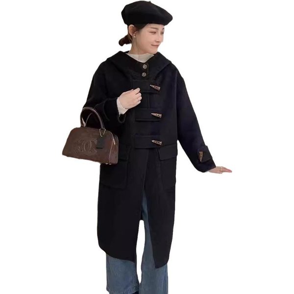 Abrigo De Lana Con Capucha Y Botones De Cuerno Estilo Coreano Para Mujer Invierno Nuevo Engrosado Estilo Universitario De Longitud Media M Black-image