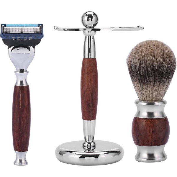Kit De Afeitado CláSico Para Hombre Brocha De Madera Y Maquinilla De Afeitar De Seguridad Set De Aseo Profesional Con Soporte-image