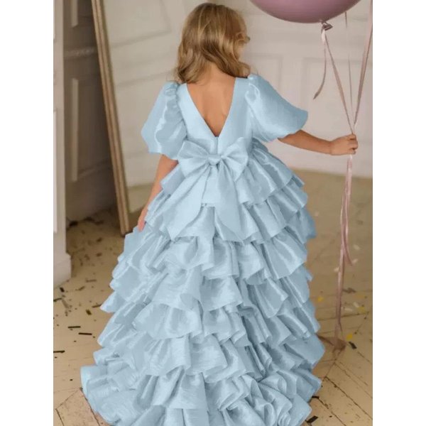 Vestido De Princesa Abullonado Con Tirantes Finos Para NiñA 2026 - Dulce Estilo Formal Corto Por Delante Largo Por DetráS 120 Cm Azul Cielo-image