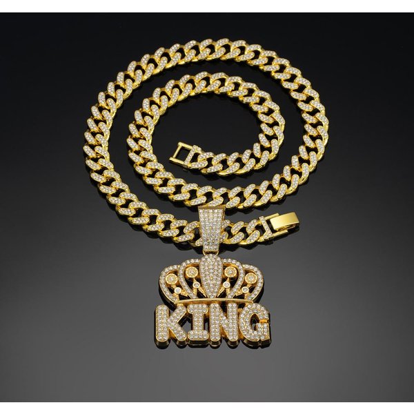 Collar Con Colgante De Letra King De Corona De Hip Hop Para Hombre Con Cadena Cubana Miami De 13 Mm Iced Out Bling Collares Hiphop JoyeríA De Moda Para Mujer Beige-image