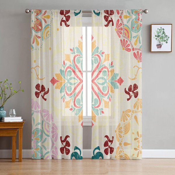 PatróN TurquíA Persa Vintage GeometríA Cortina De Ventana Transparente Tul Cortinas Para Sala De Estar Dormitorio DecoracióN Del Hogar Voile Cortinas 135W X 114H(Cm) White-image