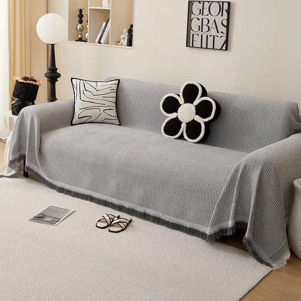 Funda De Sofá De AlgodóN Tejido, Manta De Color SóLido, Toalla Antideslizante Para Sofá, DecoracióN De Muebles De Sala De Estar, Tapiz, Funda De Sofá Con Borla 90X90Cm 1Pcs Gray-image
