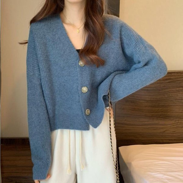 Abrigo De Estilo Holgado Y Perezoso Para OtoñO E Invierno Nuevo SuéTer De Cuello En V SuéTer De Manga Larga De OtoñO CáRdigan Top Para Mujer One Size Gray-image