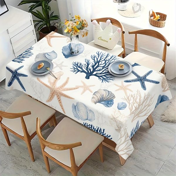 Mantel Rectangular Con TemáTica OceáNica Para DecoracióN De Mesa Verano Conchas Marinas Estrella De Mar Coral Mesa De Cocina Comedor DecoracióN Fiesta Festiva 140X180Cm-image