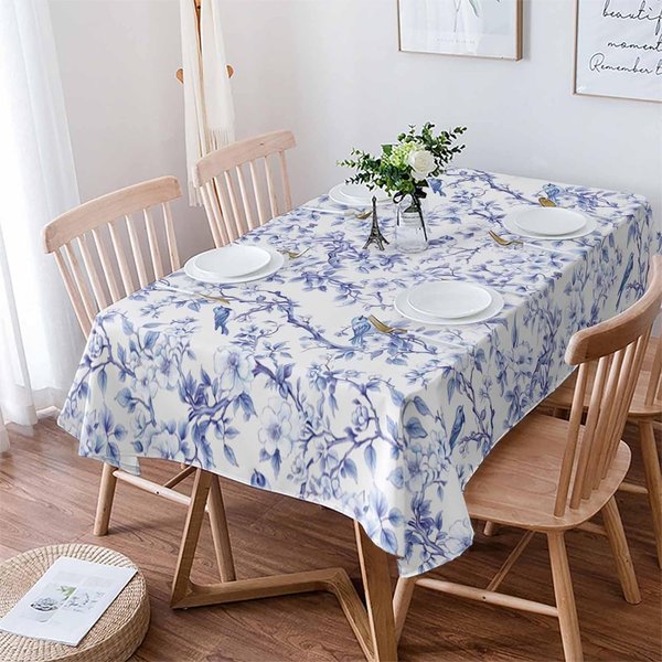 PáJaros Azules Hojas Florales Rama Mantel Impermeable DecoracióN De Mesa Tela Para Mesa De Cocina Comedor Estilo Granja Decoraciones De Boda 100X160Cm-image