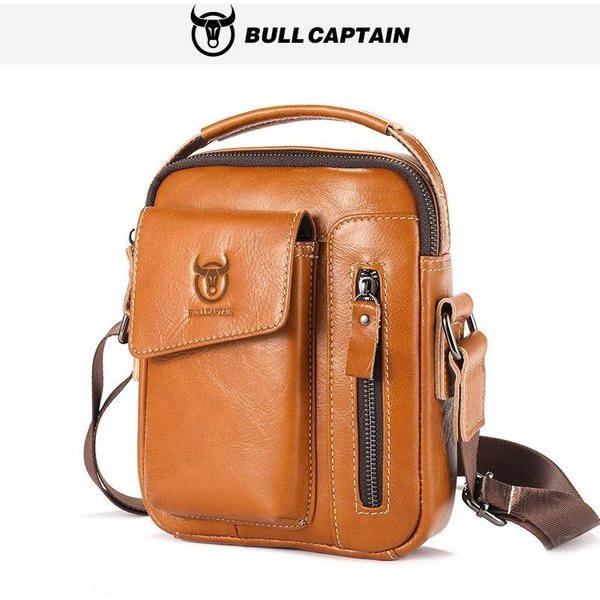 Bullcaptain, Bolso De Hombro Tipo Bandolera De Cuero Genuino Para Hombre, Bandolera De Piel De Vaca Vintage Para Hombre, PequeñO Bolso Informal Caqui-image