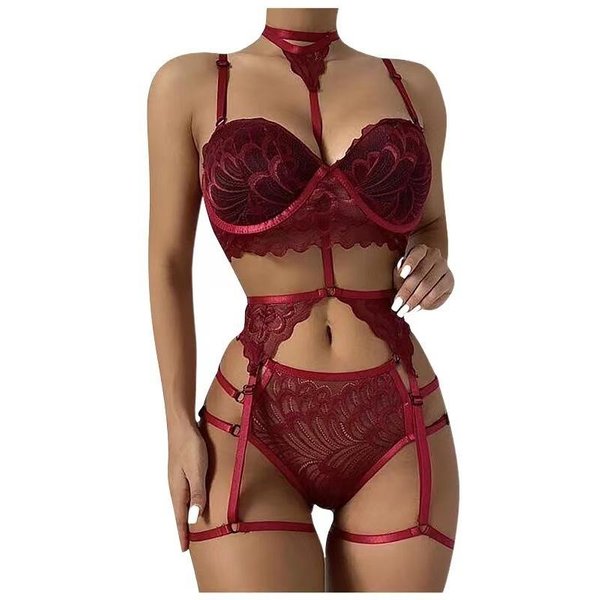 Seksowna Bielizna Erotyczna Kobiety Biustonosz PodwiąZki Stringi Patchwork Przepuszczalny Komplet Bielizny Seksowny Komplet Bielizny Seksowne Kostiumy Porno XL Burgund-image