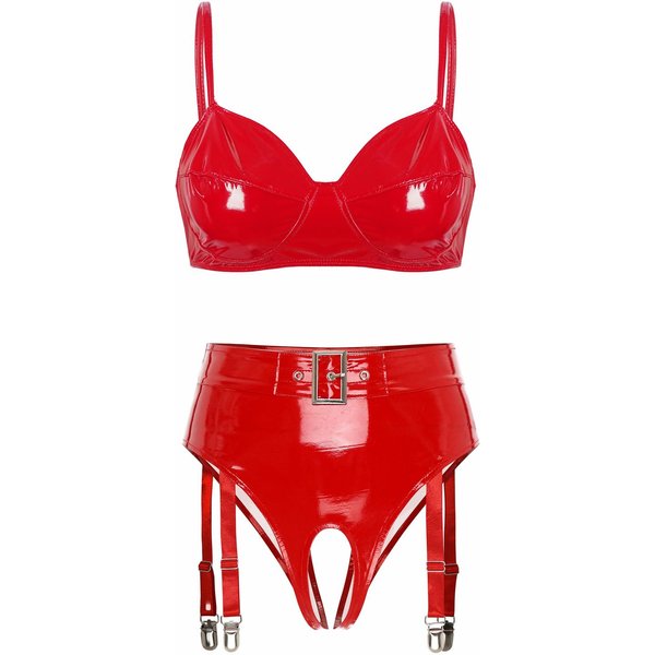 Damski 2-CzęśCiowy Komplet Bielizny, Biustonosz Ze SkóRy Lakierowanej, Mokry WygląD, Majtki, Bielizna Bikini Teddy S Czerwony-image