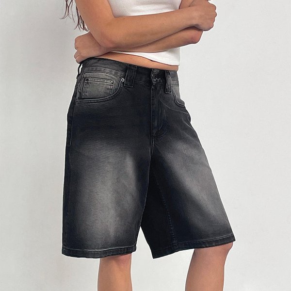 Damskie LuźNe Jeansowe Szorty Bermudy Vintage Proste Jeansowe Szorty Casualowe Do Kolan Jeansowe Szorty Z Kieszeniami S Black-image