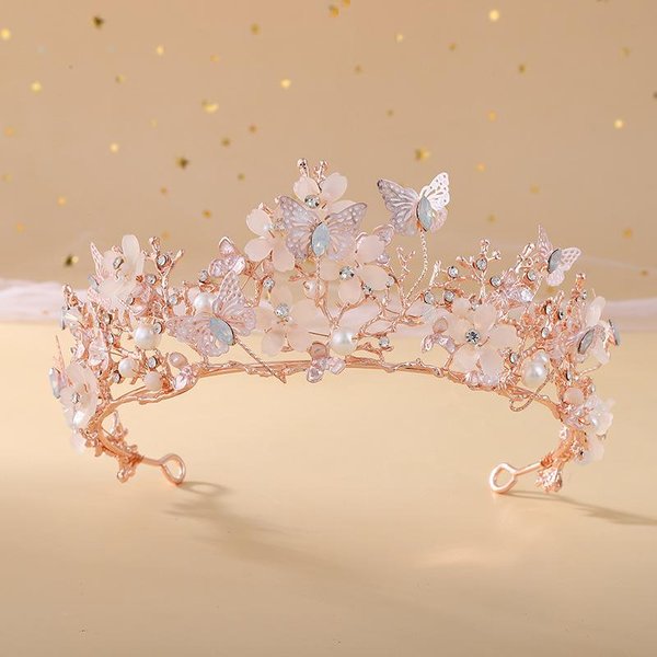 Korona ŚLubna Barokowa PerłA Cyrkoniowa Korona Tiara Motyl Opaska Do WłOsóW ŚLubne Akcesoria Do WłOsóW Korona KsiężNiczki Tiary Dla Panny MłOdej Beige-image