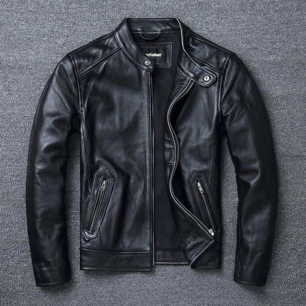 Chaqueta De Cuero De Vacuno De Primera Capa Corte Slim Cuello Mao Chaqueta De Cuero Biker Para Hombre Cuero De Vacuno Suave Chaqueta Talla Grande Europea Y Americana Retro M Gray-image