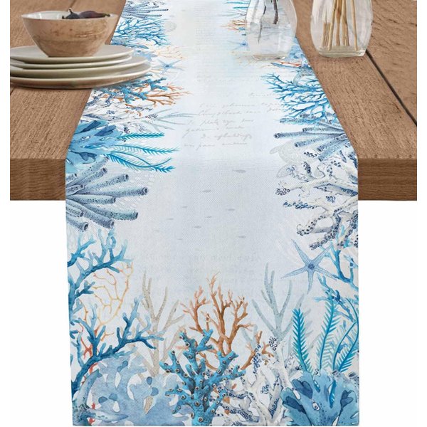 Corredor De Mesa De Lino Con Pulpo De Coral Azul Costero Y Estrellas De Mar DecoracióN De Mesa Para El Hogar Reutilizable Corredor Para Mesa De Cocina Y Comedor DecoracióN Para Fiestas NavideñAs 150X33Cm-image
