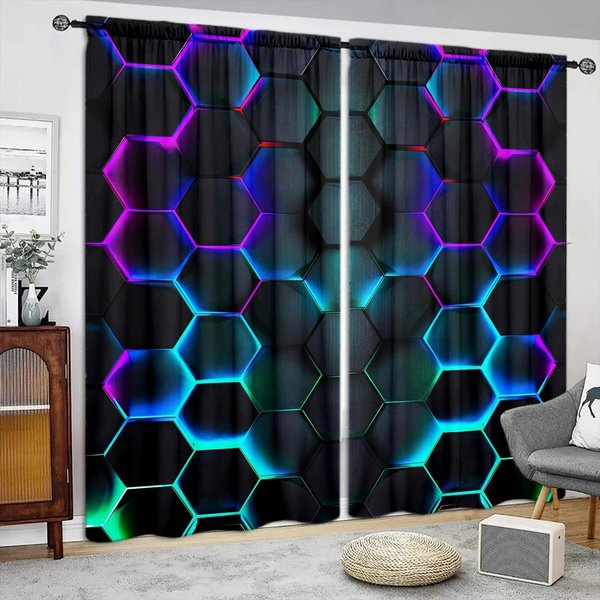 Futurystyczna SześCiokąTna Grafika Drukowana ZasłOna Do Dekoracji Domu - Kieszeń Na Karnisz ObróBka Okna Do Sypialni, Kuchni, Salonu 52.5Cmx116Cm X 2Pcs Blue-image