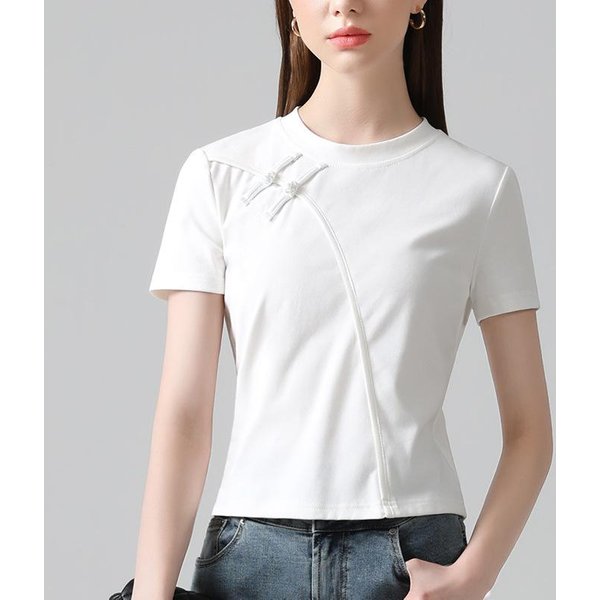 Camiseta De Manga Corta Para Mujer Nueva Ropa De Mujer Nueva Camiseta De AlgodóN De Cuello Redondo De Estilo Chino DiseñO De Espina De Pescado Top Ajustado A La Cintura 3XL Blanco-image