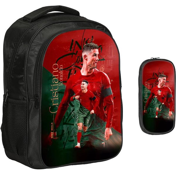 Zestaw 2 Szt. Plecak Torby Na Przybory Szkolne Plecaki Szkolne Ronaldo Dzieci SzkołA Dwupoziomowy Plecak Gwiazda PiłKi NożNej PiłKa NożNa Sport Plecak-image