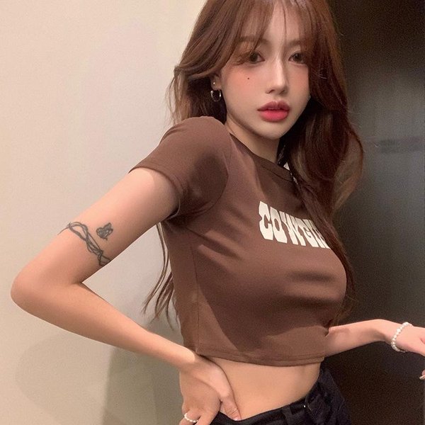 Camiseta Corta Ajustada Negra, Dulce Y Sexy Para Mujer, Nueva Camiseta De Verano De Manga Corta Con Ombligo Al Descubierto Para Mujer XXL MarróN-image