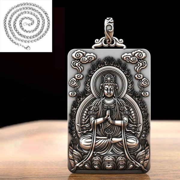 Exquisito Colgante De Estilo Chino Para Hombre Cadena Quilla Cuadrado Tallado Mil Avalokitesvara Bodhisattva Collar JoyeríA 45Cm-image