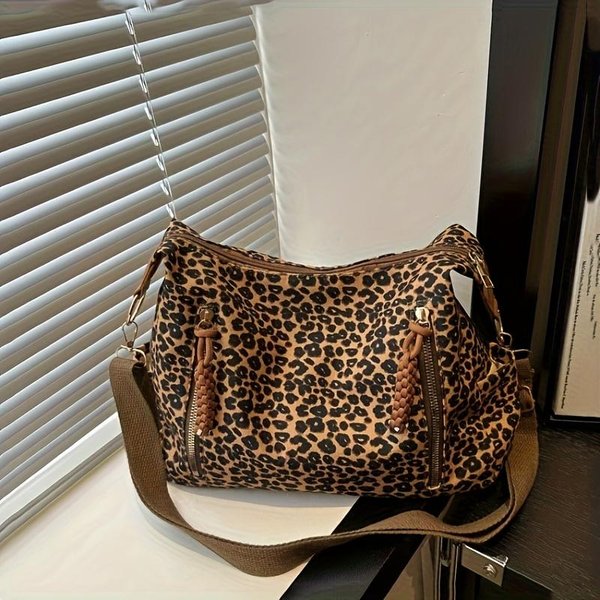 Modna DużA Torba Tote Z Panterką Casualowa Damska Torba Na Ramię Prosta Vintage Torba Crossbody Modny WzóR Pantery Torba Na Zakupy Zapinana Na Zamek Gray-image