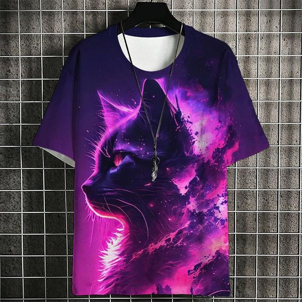 Camiseta Con PatróN De Guerrero Gato Para Hombre Colorida Animal Impresa En 3D Mangas Cortas Tops Verano Holgada Casual Cuello O Camisetas Street Tees 6XL Purple-image