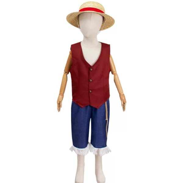 Kostium Cosplay Monkey D. Luffy Z One Piece, Czerwona Kurtka Niebieskie Spodnie Ze SłOmkowym Kapeluszem, StróJ Halloweenowy Do Odgrywania RóL Anime Dla DorosłYch I Dzieci 130Cm-image