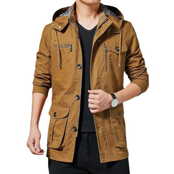 Chaqueta Nueva De OtoñO E Invierno Para Hombre Con MúLtiples Bolsillos Chaqueta De Trabajo De Longitud Media Cortavientos De AlgodóN Puro Lavado 5XL Gray-image