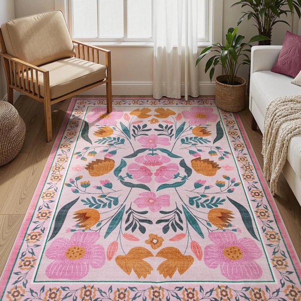 RóżOwy Vintage Dywanik Kwiatowy – Boho LiśCie Mata PodłOgowa AntypośLizgowa, Do Sypialni Przy ŁóżKu Salonu Dekoracja 80X160Cm(31X62In)-image