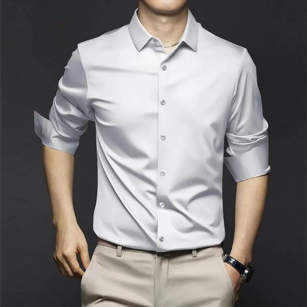 Nuevas Camisas EláSticas Antiarrugas Para Hombre, Camisas De Vestir De Manga Larga Para Hombre, Blusa Ajustada De Negocios Social, Camisa Blanca 6XL L Blanco-image