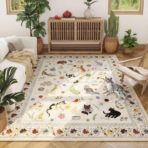 BeżOwy Vintage KreskóWkowy Kot Granica Z Polnymi Kwiatami DużY Filcowy Dywanik PodłOgowy AntypośLizgowy Dywanik Do Salonu W Stylu Wiejskim 40X60Cm Gray-image