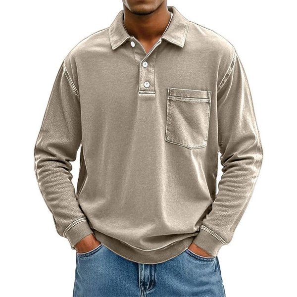 Wiosna Jesień Koszulka Polo Jednolity Kolor Kieszeń MęSka DłUgi RęKaw Vintage T-Shirt MęSki Uniwersalny Guziki Sweter Top 3XL Khaki-image