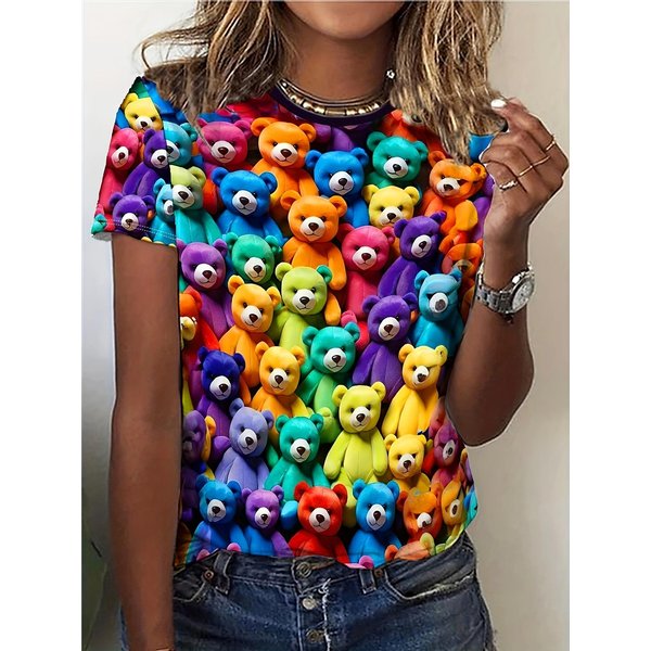 Modny Letni Damski T-Shirt Z Nadrukiem WzoróW 3D W Kolorze, OkrąGłY Dekolt, KróTki RęKaw, Casualowy LuźNy Top Harajuku M-image