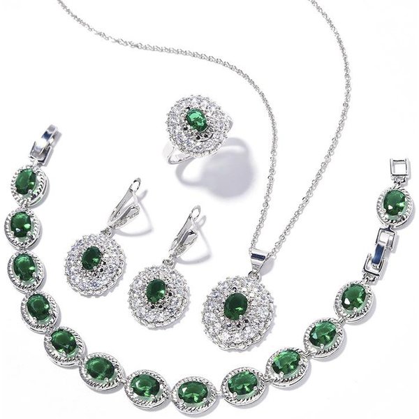 Juego De JoyeríA De Circonita Moda De Verano Europea Y Americana Para Mujer Anillo De Color Tesoro Pendientes Collar Pulsera Size 10 ring Four-Piece Set White-image
