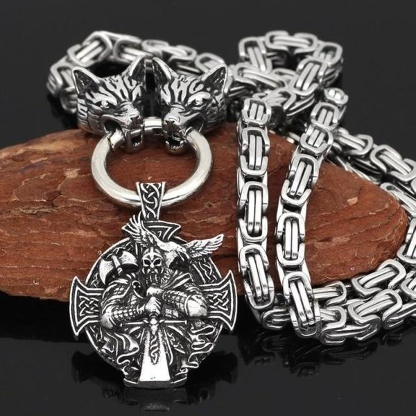 Osobowość Mody GłOwa Wilka Ze Stali Nierdzewnej I Viking MłOt Thora Wisiorek Naszyjnik Dla MęSka Nordic Celtic Symbol BiżUteria Gray-image