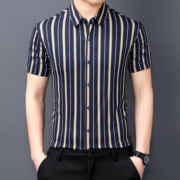 Primavera Y Verano Nueva Camisa Rayada Para Hombre Manga Corta Business Casual Ajustada Camisa Para Hombre De Mediana Edad 3XL Black-image