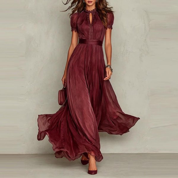 Vestidos Casuales De Moda Para Mujer Yyfs Verano Primavera Color SóLido Estampado Manga Corta Cuello Alto Cintura Alta M-image