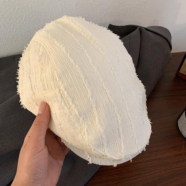 Boina Retro Japonesa De Color SóLido A Rayas Para Mujer Primavera Y Verano Literaria Retro VersáTil Cara PequeñA Delgada Gorra De Repartidor (54-58Cm) Blanco-image