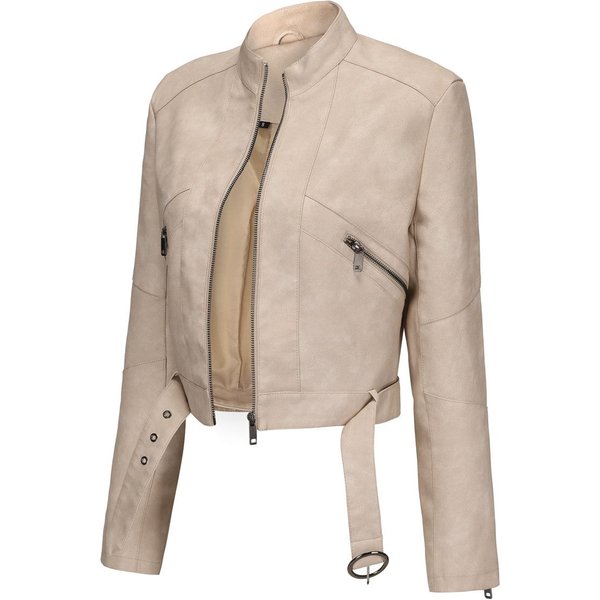 Nueva Chaqueta De Cuero Estilo Motociclista Europea Y Americana Para Mujer Con CinturóN, Chaqueta Larga Con Cremallera, Chaqueta De Cuero Para Primavera Y OtoñO 2XL Beige-image