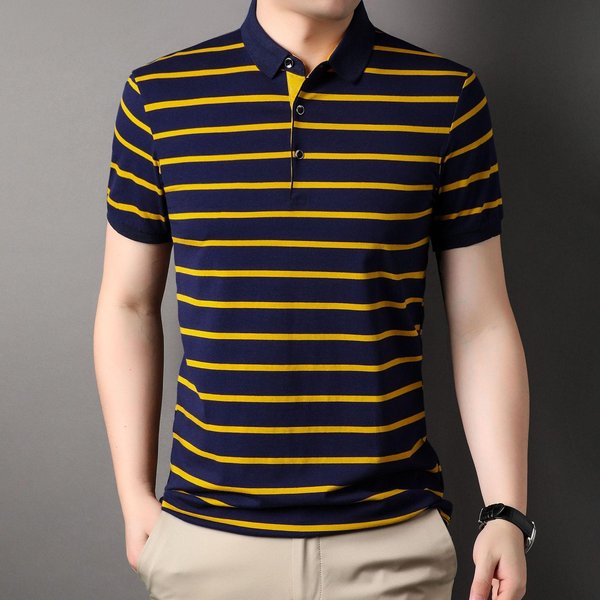 Camiseta Polo De Manga Corta A Rayas Para Hombre Cuello Camisero Camiseta De Verano Negocios Ocio Tendencia Cuello De Camisa Joven Top De Media Manga L Yellow-image