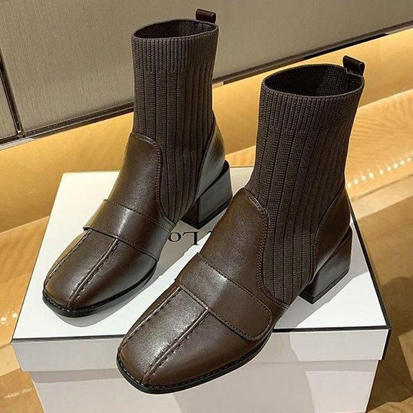 Botas De Moda De TacóN Grueso Para Mujer Tendencia OtoñO E Invierno Botas De TacóN Alto Combinables De CañA Corta Zapatos De CañA Alta Botines De Microfibra 35-image