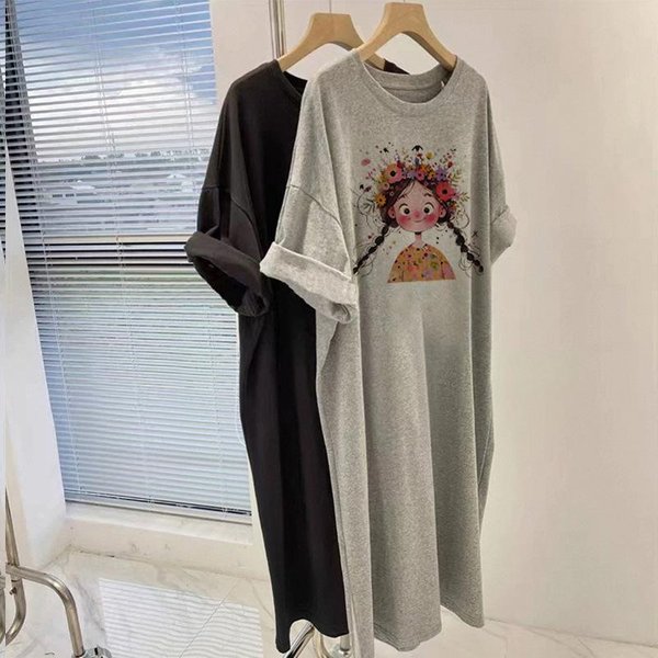 Lato Nowy LuźNy T-Shirt Z KróTkim RęKawem Sukienka Damska Sukienka ŚRedniej DłUgośCi I DłUga Top ZakrywająCy Brzuch T-Shirt Ze 100% BawełNy SpóDnica 3XL Gray-image