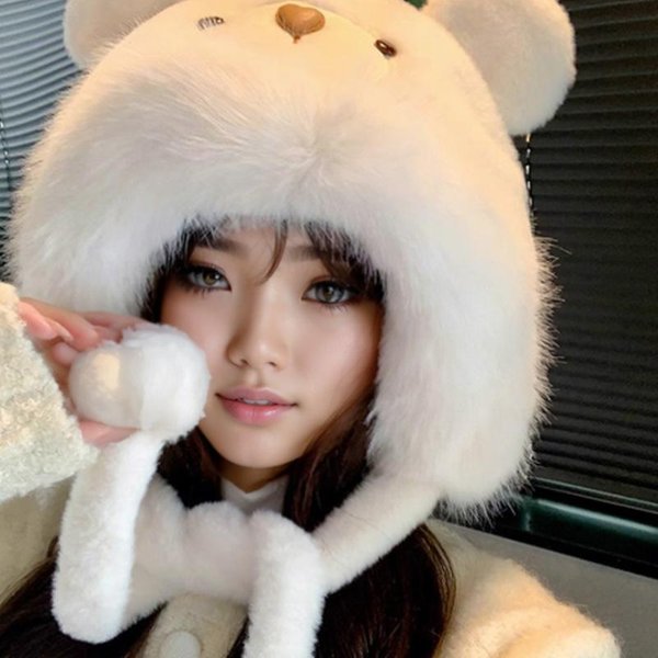 Sombrero De Felpa Con Orejas De Oso Para Mujer Para OtoñO E Invierno, Grueso Y CáLido Con ProteccióN Para Las Orejas, Gafas, Lindo Sombrero Lei Feng, Guantes Para Montar One Size-image