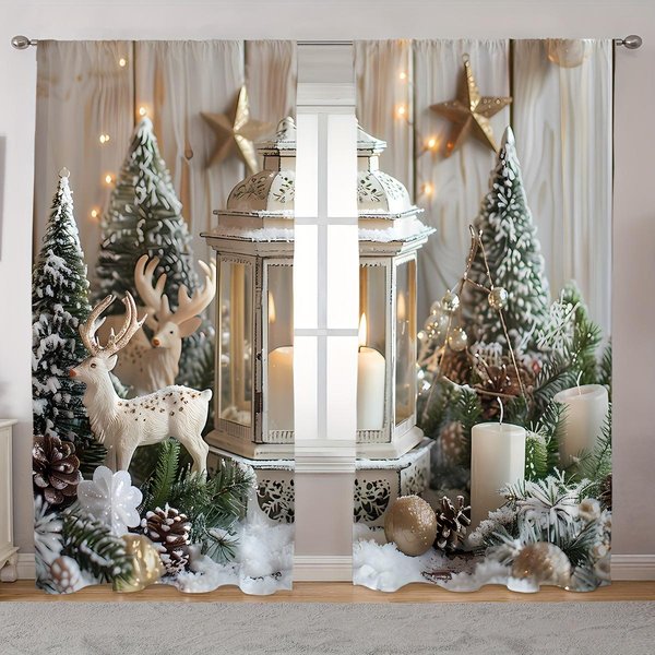2 Piezas Elegantes Cortinas NavideñAs Blancas Y Doradas Con MuñEcos De Nieve Y ÁRboles - DiseñO De Bolsillo Para Barra PoliéSter Para DecoracióN De Sala De Estar 100W130H(Cm)40X51In&Grommet Top-image