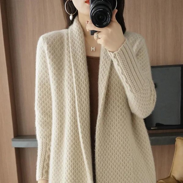 Modny Kardigan Dzianinowy Sweter Damski Odzież Jesień Zima DłUgie RęKawy Kurtka śRedniej DłUgośCi Vintage Dzianina Damska M Beige-image