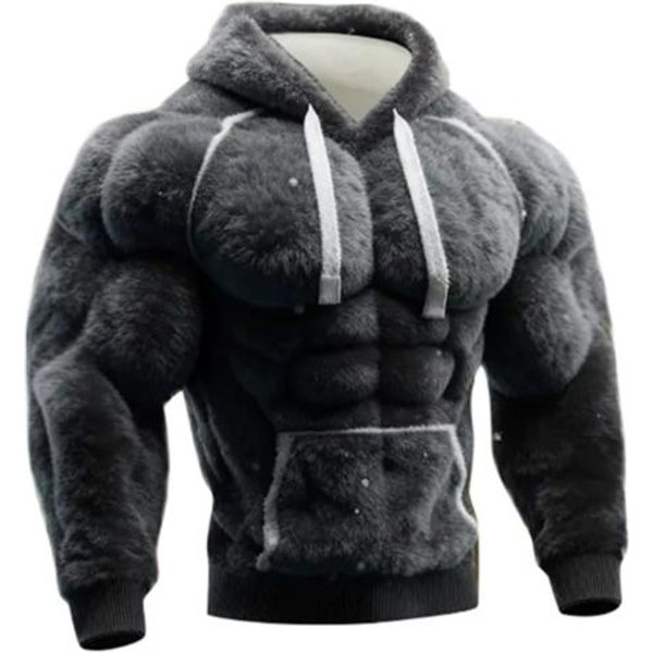 MęSka Bluza Z Kapturem MięśNiowa WzóR 3D Puszysty Pulower Muskularny DłUgi RęKaw CiepłA Bluza Z Kapturem Na Co Dzień Sport Streetwear Moda L Gray-image