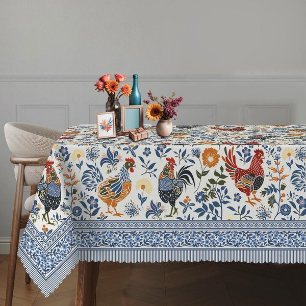 Mantel Vintage Estilo Granja Con Estampado De Gallo Para DecoracióN De Mesa Azul Campestre Floral Mantel Para Mesa De Cocina Comedor DecoracióN De Fiesta NavideñA 140X200Cm-image