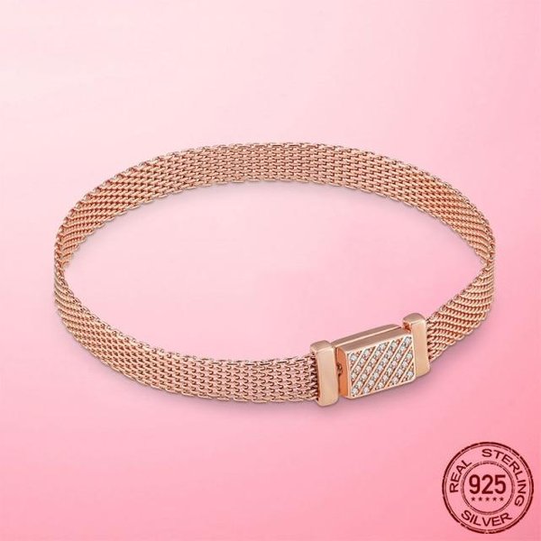 Pulsera De Malla Reflexions Plata De Ley 925 Color Oro Cierre Brillante Pulsera Reflexions Plata De Ley FabricacióN De Joyas Regalo 20Cm Beige-image