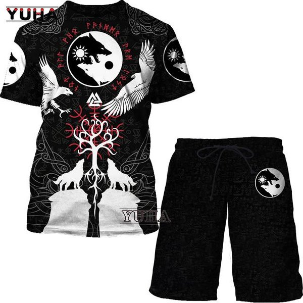 Letni MęSki Garnitur Oversize Viking 3D Z Nadrukiem MęSki T-Shirt I MęSki Dres T Shirt Spodenki Casual Odzież Sportowa Wiosna 6XL Black-image