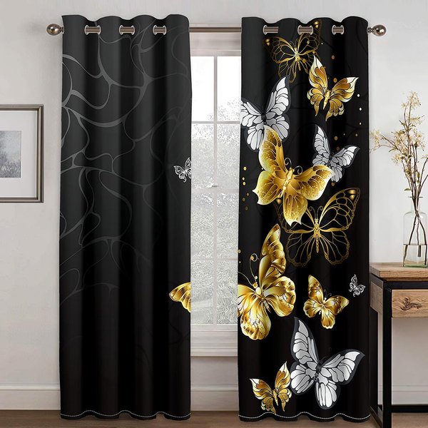 Nowoczesny WystróJ Domu ZłOty Kwiat RóżY Motyl WzóR ZasłOny 2 Panele Luksusowy Salon Sypialnia Kuchnia Salon Balkon WystróJ 200W250H(Cm)X2&Grommet Top-image