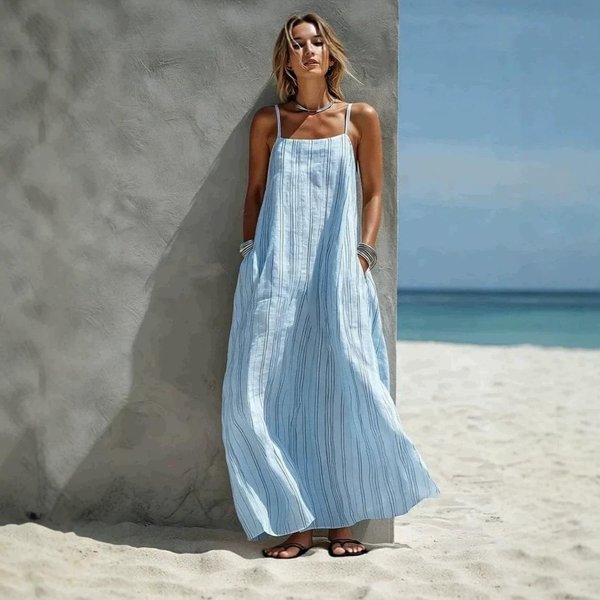 Vestido Maxi De Tirantes Finos Para Mujer Rayas Verticales Azules Bolsillos Laterales Vestido De Playa Para Vacaciones L Azul-image